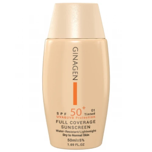 ضد آفتاب رنگی ژیناژن مدل Full Coverage با spf 50 مناسب پوست معمولی و خشک