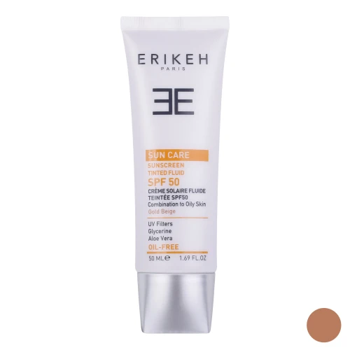 فلوئید ضد آفتاب رنگی اریکه با SPF50، مدل CO_GB، ‌مناسب پوست‌های چرب و مختلط با تنالیته متوسط و حجم 50 میلی‌لیتر