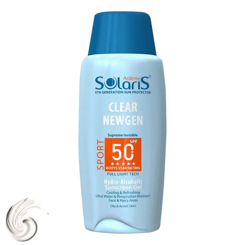 ژل ضدآفتاب بی‌رنگ آردن سولاریس با SPF50 مدل Clear Newgen، مناسب پوست‌های چرب، حجم 100 میلی‌لیتر
