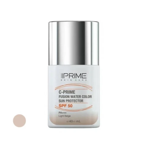 فلوئید ضد آفتاب رنگی پرایم، SPF 50، مدل فیوژن واتر، مناسب انواع پوست  با تنالیته روشن و حجم 40 میلی لیتر، محافظت‌کننده در برابر  اشعه‌های PA++++ ،UVA ،UVB، دارای فرمولاسیون فاقد چربی، ویتامین سی و آنتی اکسیدان، با ماندگاری 4 ساعته