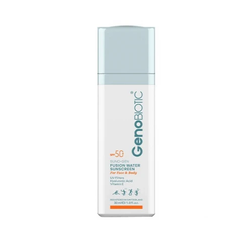 کرم ضدآفتاب بی‌رنگ ژنوبایوتیک، مدل Fusion water، حاوی محافظ UVA ،UVB، ضدآب، فاقد چربی، بدون پارابن، حاوی ویتامین E و هیالورونیک اسید مناسب انواع پوست، حجم 30 میلی‌لیتر