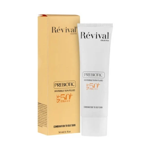 کرم ضد آفتاب بی‌رنگ کلکسیون رویوال، spf 50، مدل prebiotic، ‌مناسب پوست‌های چرب و مختلط با حجم 50 میلی‌لیتر، محافظت‌کننده در برابر اشعه‌های UVA و PA ،UVB+++، ضد جوش و آکنه، دارای فرمولاسیون آنتی اکسیدان، نیاسینامید و ویتامین E، با ماندگاری 5 ساعته
