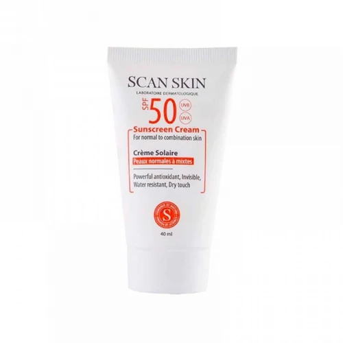 کرم ضدآفتاب بی‌رنگ اسکن اسکین مدل SPF50، مناسب پوست‌های معمولی و مختلط، حجم 40 میلی‌لیتر