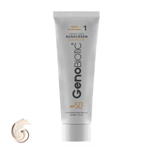 کرم ضدآفتاب بی‌رنگ ژنوبایوتیک SPF50 مدل 01 محافظ UVA ،UVB، مناسب پوست‌های مختلط و چرب، حجم 50 میلی‌لیتر