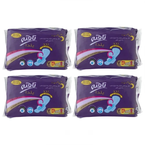 مجموعه 4 عددی نوار بهداشتی شب تافته مدل Yalda Night، سایز XXL با ضخامت ضخیم، لایه رویی کتان با جذب خیلی زیاد، بسته 7 عددی، ضد حساسیت، حاوی پودر جاذب، ضد بو، آنتی باکتریال، مناسب برای پوست حساس، بالدار، دارای بسته‌بندی تکی