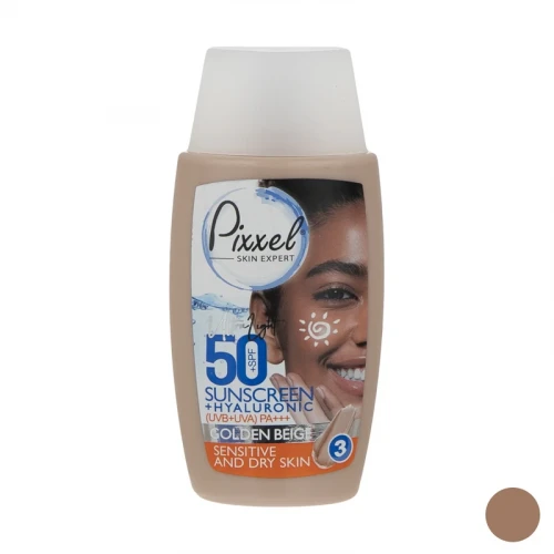 کرم ضد آفتاب رنگی پیکسل، 50 SPF، مدل GOLDEN BEIGE، مناسب پوست نرمال، خشک و حساس تنالیته رنگ تیره و حجم 50 میلی‌لیتر، محافظت کننده در برابر اشعه UVA و UVB، ضد حساسیت، +++ PA، آبرسان، با ماندگاری 2 ساعته