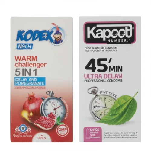 کاندوم تاخیری کاپوت مدل 45MIN بسته 12 عددی به همراه کاندوم تاخیری کدکس مدل WARM CHALLENGER بسته 12 عددی