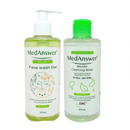 محلول پاک‌کننده آرایش مدانسر مدل Teatreeمناسب پوست چرب حجم 275 میلی‌لیتر به همراه ژل شستشو صورت مدانسر مدل Sebomwd مناسب پوست چرب