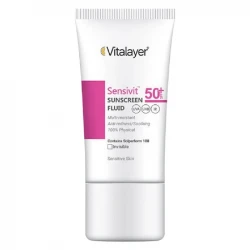 فلوئید ضد آفتاب بی‌رنگ ویتالیر، spf 50، مدل 0128، مناسب پوست های حساس با حجم 50 میلی‌لیتر، ضد حساسیت، محافظت‌کننده در برابر اشعه‌های UVA و UVB، دارای فرمولاسیون دی اکسید تیتانیوم و اکسید روی، با ماندگاری 2 ساعته