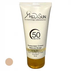 کرم ضد آفتاب رنگی مدیسان SPF50 مدل UVA+UVB مناسب پوست های خشک و معمولی حجم 50 میلی لیتر