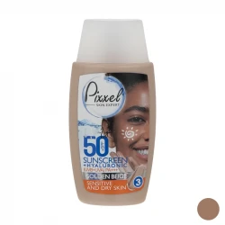 کرم ضد آفتاب رنگی پیکسل، 50 SPF، مدل GOLDEN BEIGE، مناسب پوست نرمال، خشک و حساس تنالیته رنگ تیره و حجم 50 میلی‌لیتر، محافظت کننده در برابر اشعه UVA و UVB، ضد حساسیت، +++ PA، آبرسان، با ماندگاری 2 ساعته