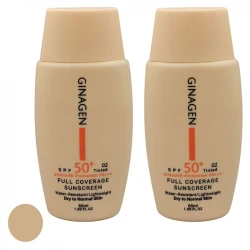 کرم ضد آفتاب رنگی ژیناژن SPF 50 مدل 02 محافظت‌کننده در برابر اشعه‌های UVA و UVB مناسب پوست‌های خشک و نرمال مجموعه حجم 50 میلی لیتر مجموعه دو عددی