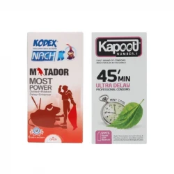 کاندوم خاردار کدکس مدل MATADOR بسته 12 عددی به همراه کاندوم تاخیری کاپوت مدل 45MIN بسته 12 عددی