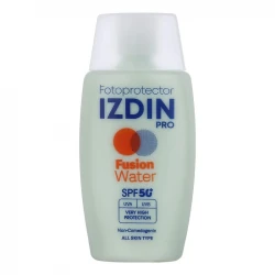 فلوئید ضد آفتاب بی‌رنگ صورت و گردن ایزدین پرو SPF 50 مدل Fusion Water ‌محافظ در برابر اشعه UVA و UVB مناسب برای انواع پوست حجم 50 میلی‌لیتر