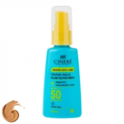 فلوئید ضد آفتاب رنگی بژ طبیعی صورت سینره SPF 50 مدل AQUA ‌محافظ UVA ،UVB و ++++PA مناسب برای انواع پوست حجم 50 میلی‌لیتر