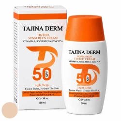 کرم ضد آفتاب رنگی صورت تاجینادرم SPF 50 مدل LIGHT BEIGE محافظ UVA/UVB مناسب برای پوست چرب حجم 50 میلی‌لیتر