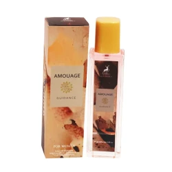 عطر جیبی زنانه الحمبرا مدل amouage guidance با رایحه گرم، شیرین و گلی حجم 35 میلی‌لیتر، مانداری متوسط، مناسب برای استفاده روز و شب در فصول پاییز و زمستان